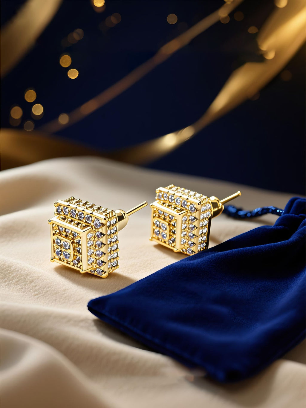 Own Your Bloom 14K gold diamond square stud earrings with intricate floral setting under elegant lighting, Seattle.