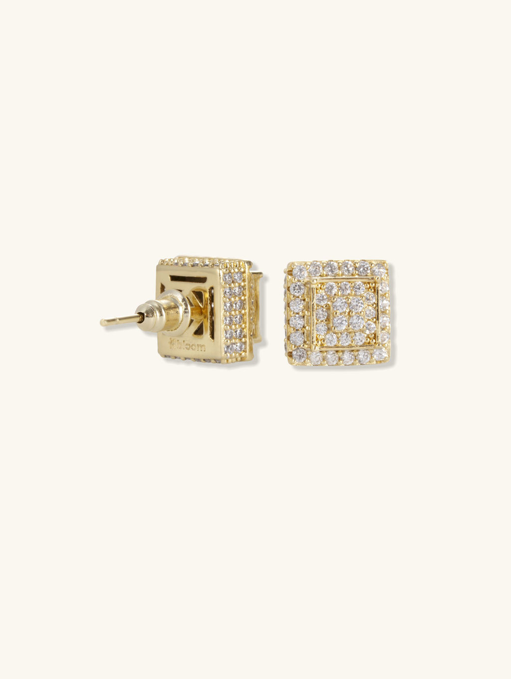 Own Your Bloom 14K gold square diamond flower stud earrings side angle highlighting layered sparkle design, Chicago.
