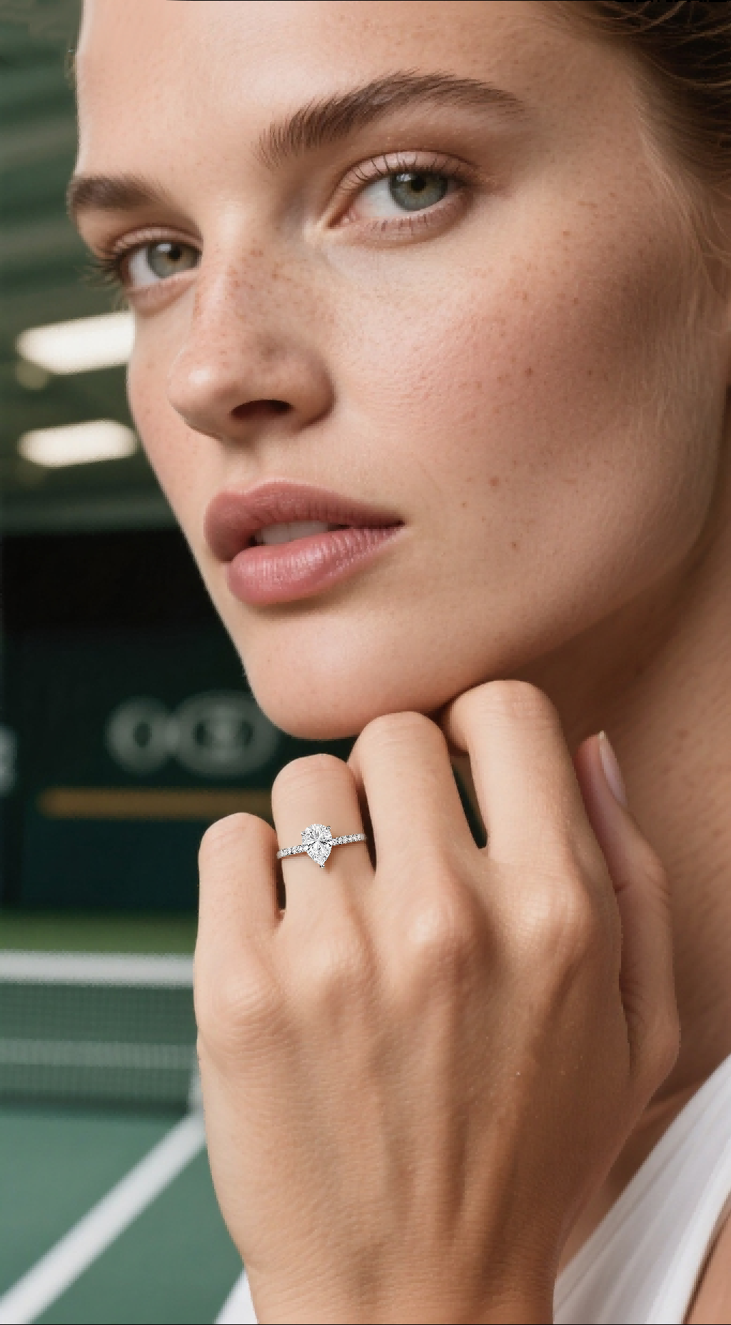 Own Your Bloom 14K teardrop-shaped diamond ring on woman’s hand close-up, sparkling pear-cut design in sunlight, Miami.
