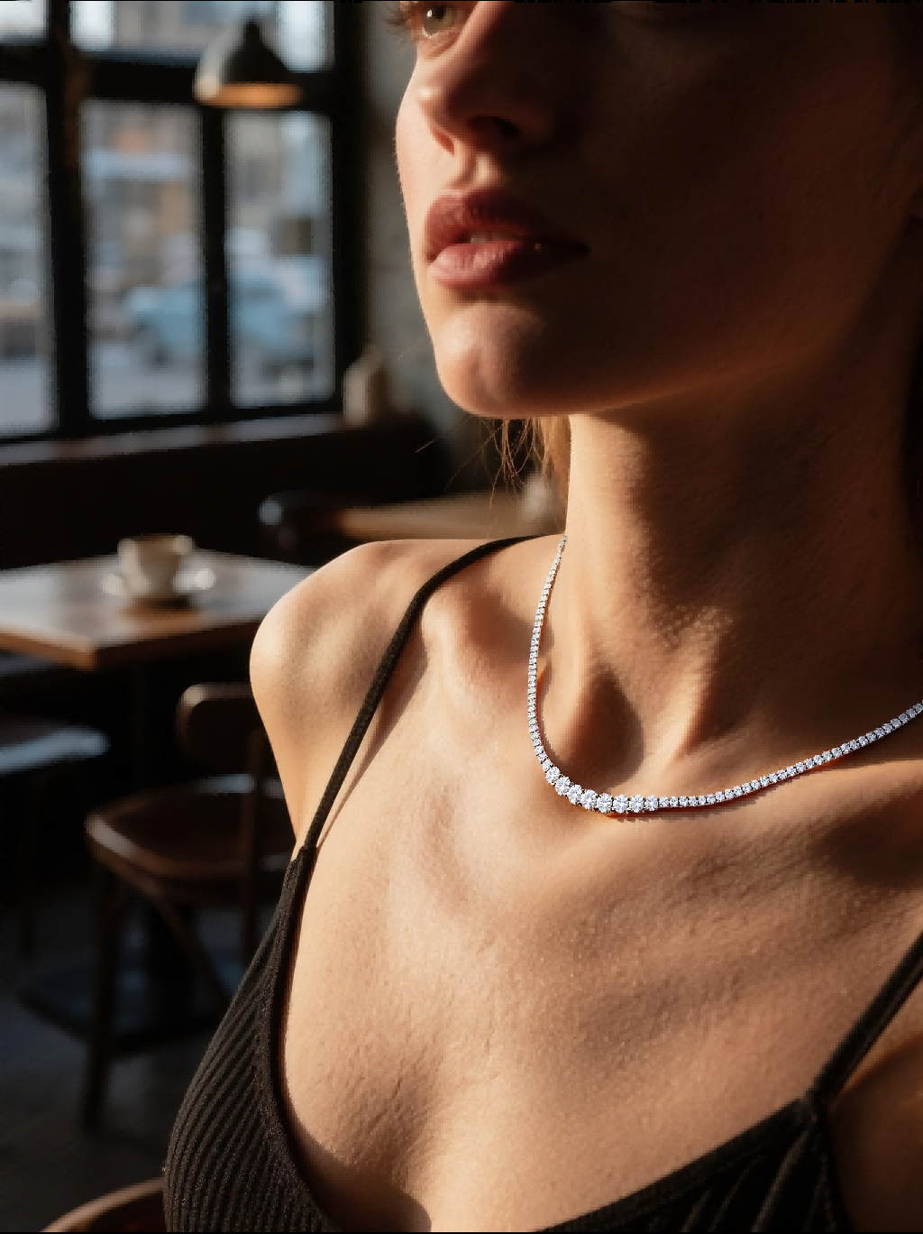 Own Your Bloom 14K moissanite tennis necklace worn by woman in urban sunlight, classic fine jewelry sophistication, New York.