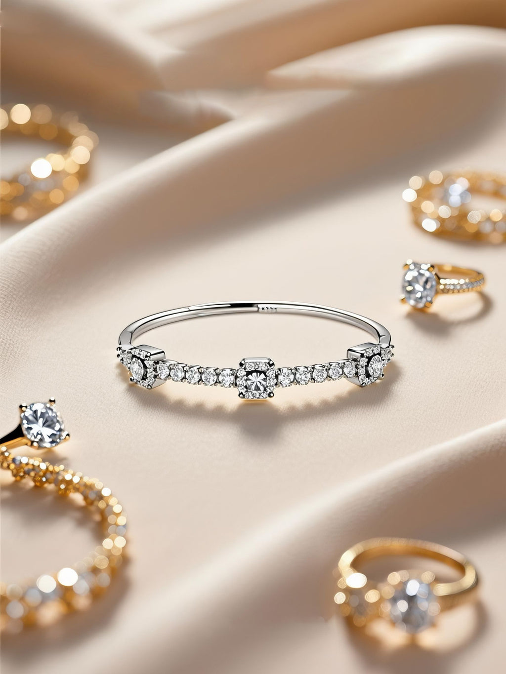 Own Your Bloom 14K white gold diamond tennis bracelet showcased in luxury light with sparkling accents, Boston.