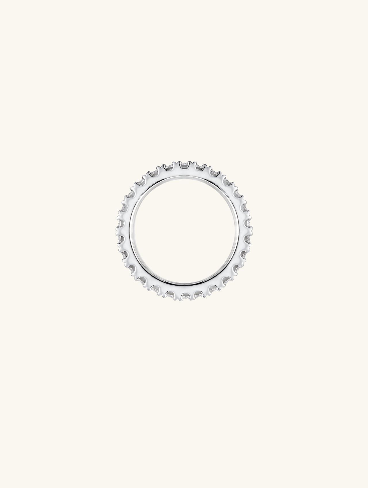 Own Your Bloom 14K white gold slim pavé diamond band, top view showing full pavé row on white background, Chicago.