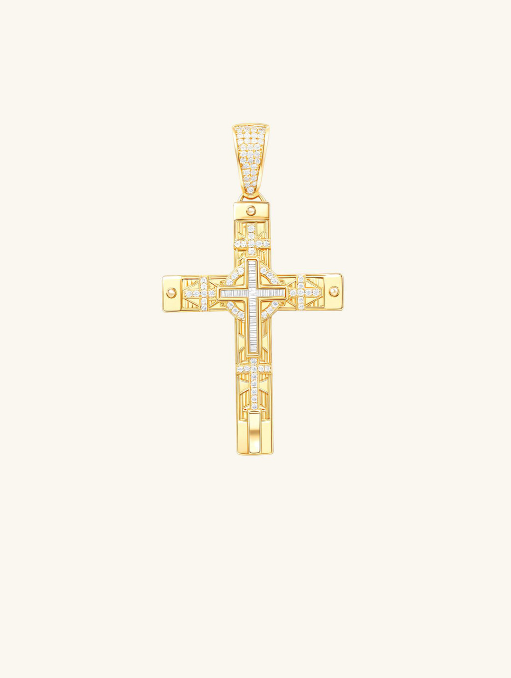 Own Your Bloom 14K yellow gold diamond cross pendant necklace front view on white, New York jewelry.