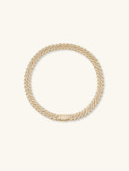 Own Your Bloom 14mm diamond Cuban link chain in 14K gold, luxury men’s jewelry front view, New York.