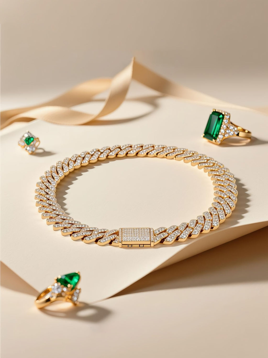 Own Your Bloom 14mm gold diamond Cuban link chain under soft light on beige surface, high-end jewelry design, Miami.