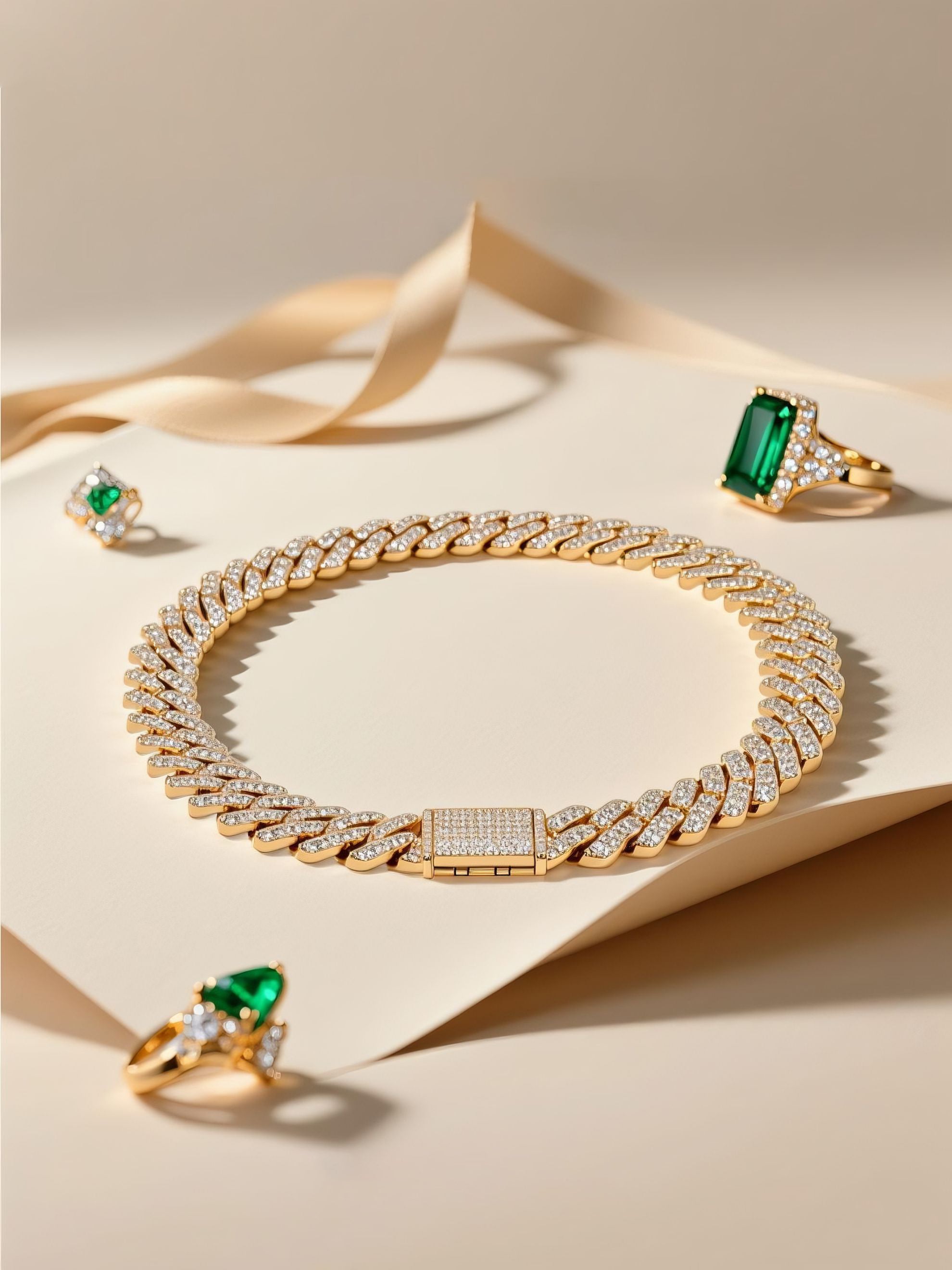 Own Your Bloom 14mm gold diamond Cuban link chain under soft light on beige surface, high-end jewelry design, Miami.