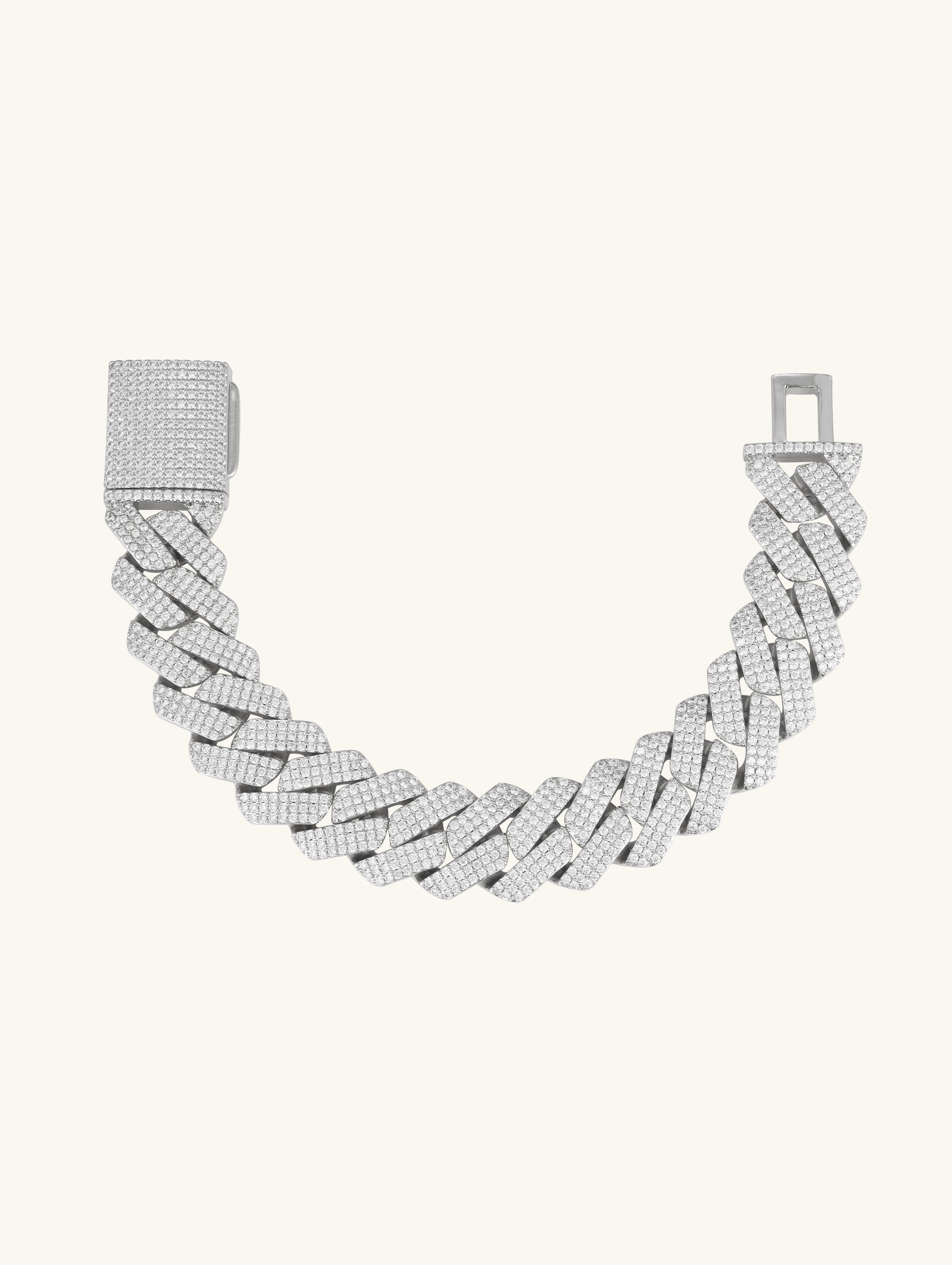 Own Your Bloom 20mm 14K diamond Cuban bracelet flat lay showcasing clasp and intricate pavé links, Chicago.