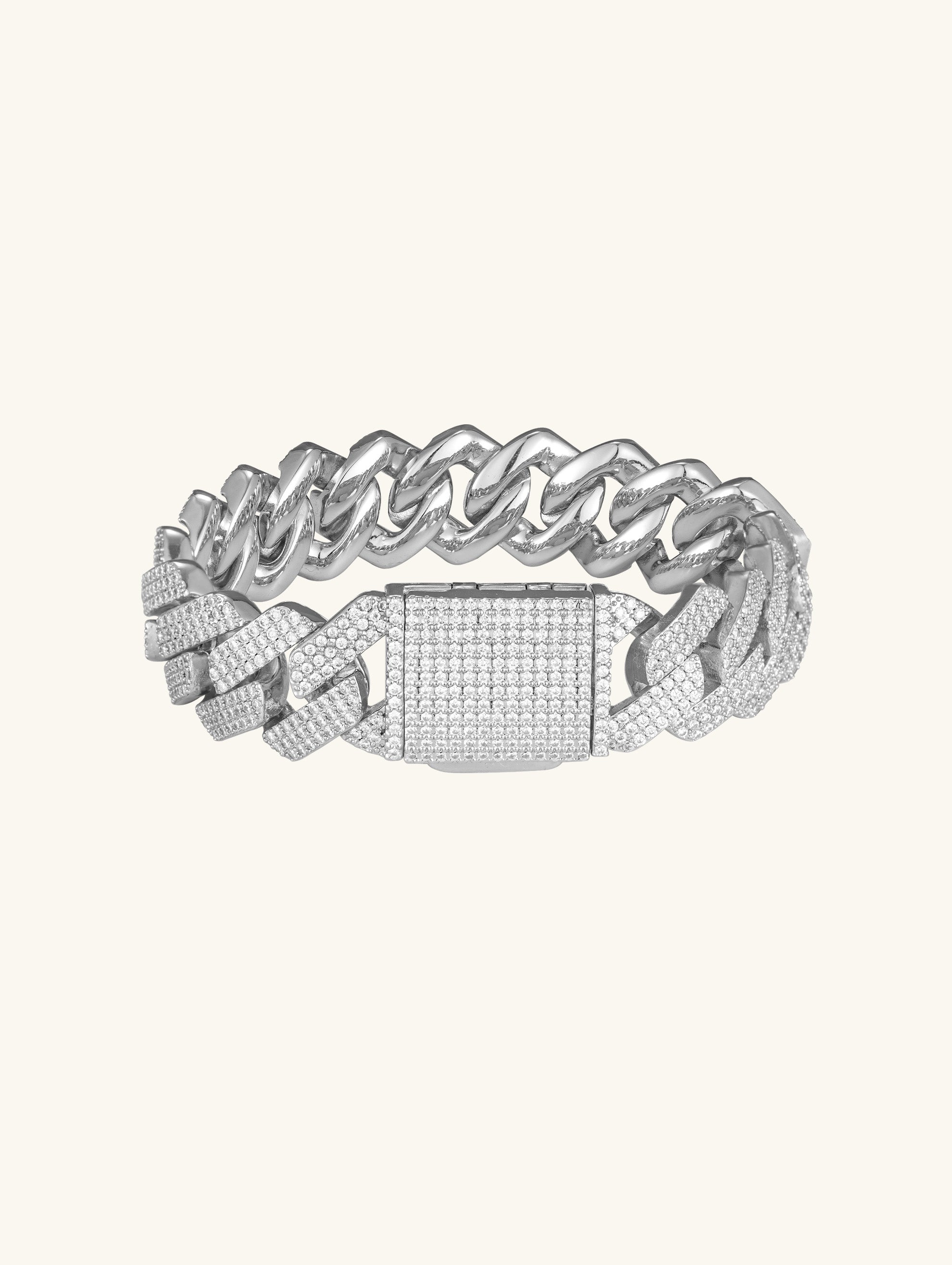Own Your Bloom 20mm diamond 14K Cuban bracelet front view in white gold, luxury men’s jewelry, NYC.