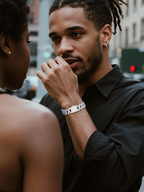 Own Your Bloom 20mm 14K diamond Cuban bracelet worn by man in black shirt, modern street style, Brooklyn New York.
