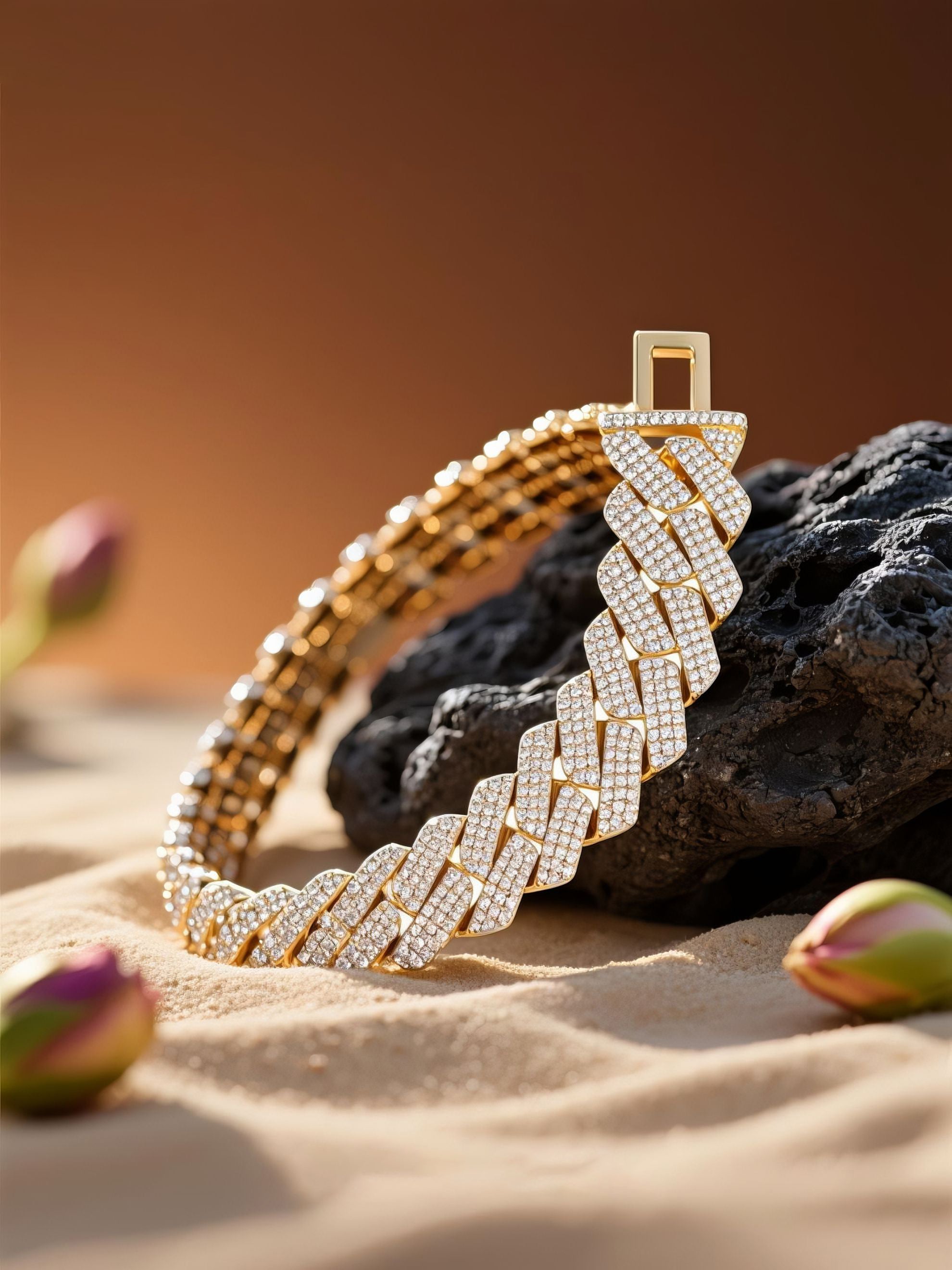Own Your Bloom 14K white gold diamond Cuban bracelet glowing under refined studio lighting, premium men’s accessory, Seattle.