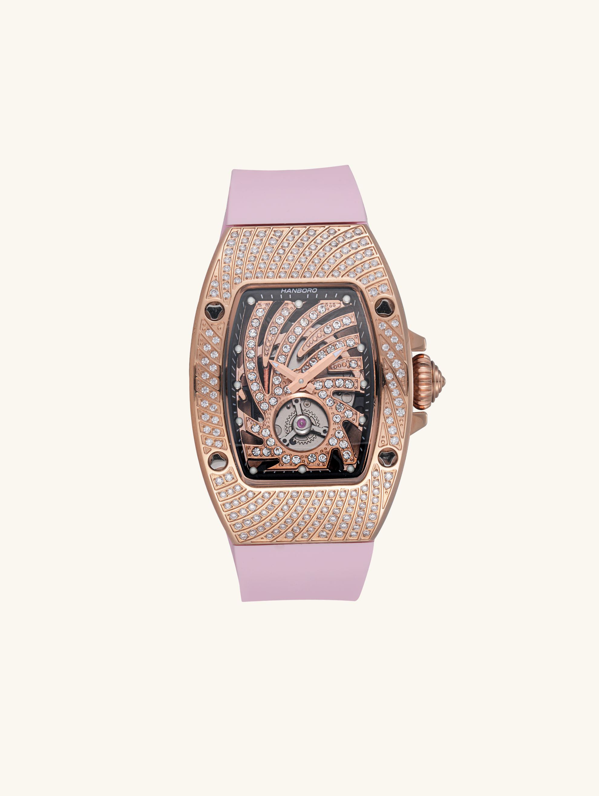 Own Your Bloom 304 stainless steel crystal diamond quartz women’s watch front view with rose gold case and pink strap, New York.