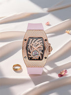 Own Your Bloom rose gold 304 stainless steel crystal diamond women’s watch displayed on satin background under soft light, Los Angeles.