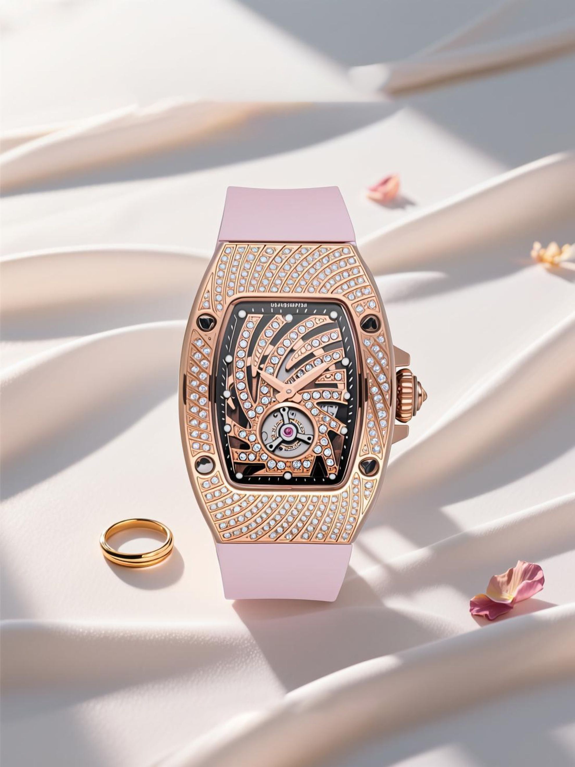 Own Your Bloom rose gold 304 stainless steel crystal diamond women’s watch displayed on satin background under soft light, Los Angeles.