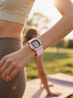 Own Your Bloom 304 stainless steel crystal diamond quartz women’s watch worn by woman outdoors during yoga, lifestyle shot, Boston.