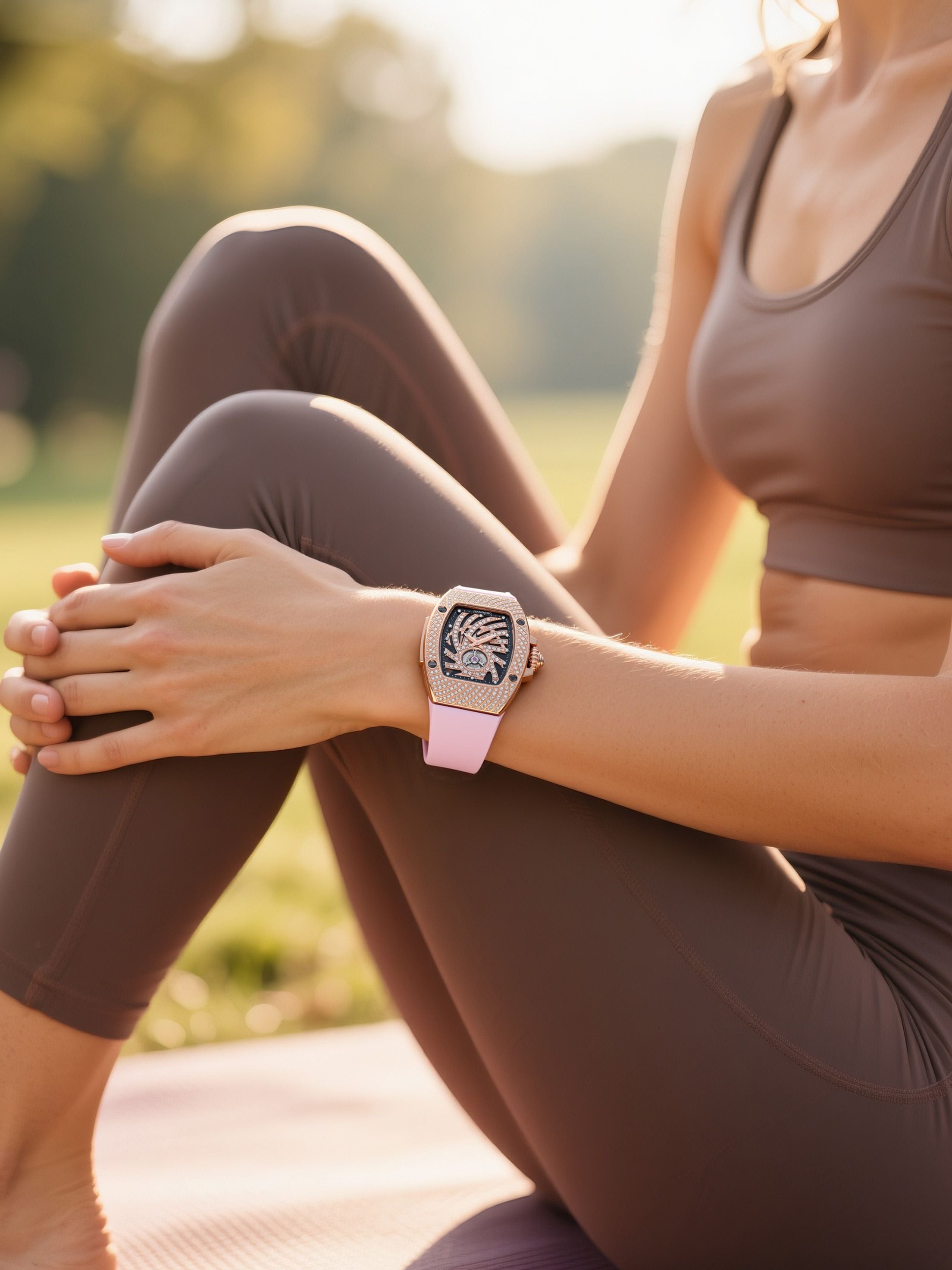 Own Your Bloom 304 stainless steel rose gold diamond women’s quartz watch on woman’s wrist in athletic pose, Philadelphia.