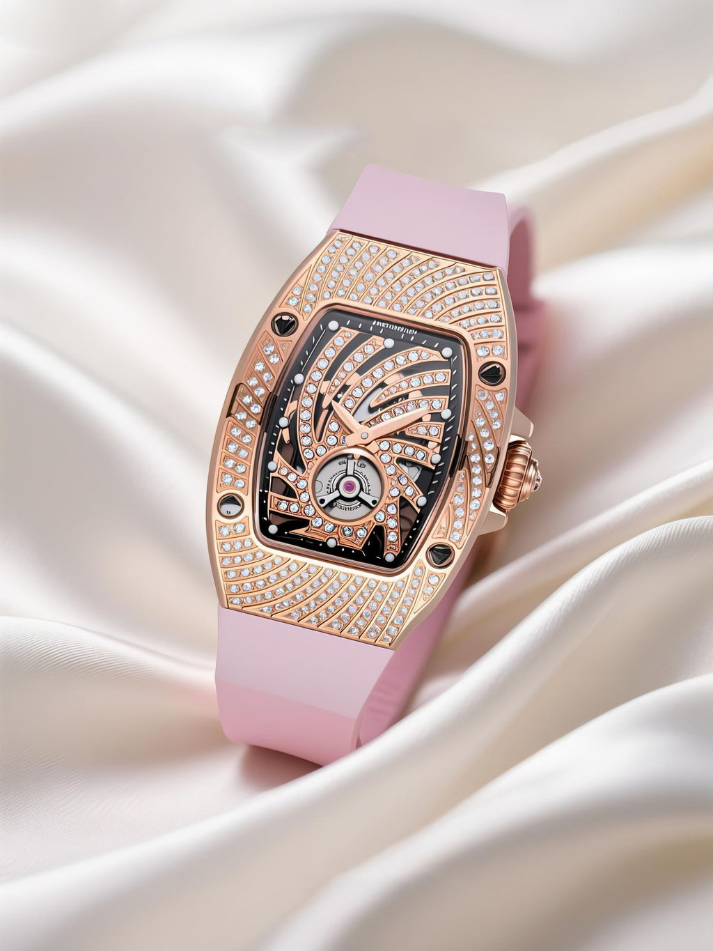 Own Your Bloom 304 stainless steel quartz diamond women’s timepiece photographed with rose petals and golden ring, Miami.