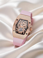 Own Your Bloom 304 stainless steel quartz diamond women’s timepiece photographed with rose petals and golden ring, Miami.