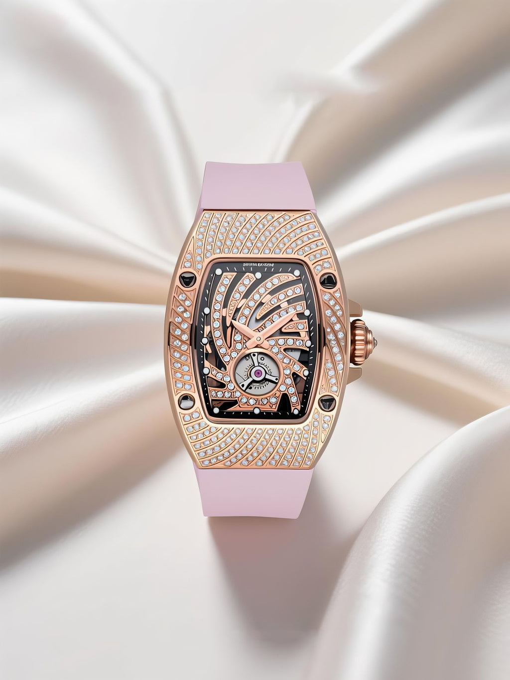 Own Your Bloom 304 stainless steel rose gold crystal diamond women’s quartz watch in luxury reflective setup, Seattle.