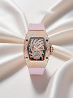 Own Your Bloom 304 stainless steel rose gold crystal diamond women’s quartz watch in luxury reflective setup, Seattle.