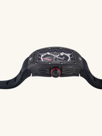 Own Your Bloom mechanical 304 stainless steel sapphire men’s watch, angled display of skeleton dial and red crown, San Francisco.
