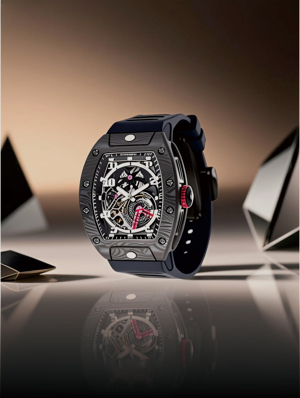 Own Your Bloom 304 stainless steel sapphire crystal mechanical men’s watch styled with geometric reflections, Miami.