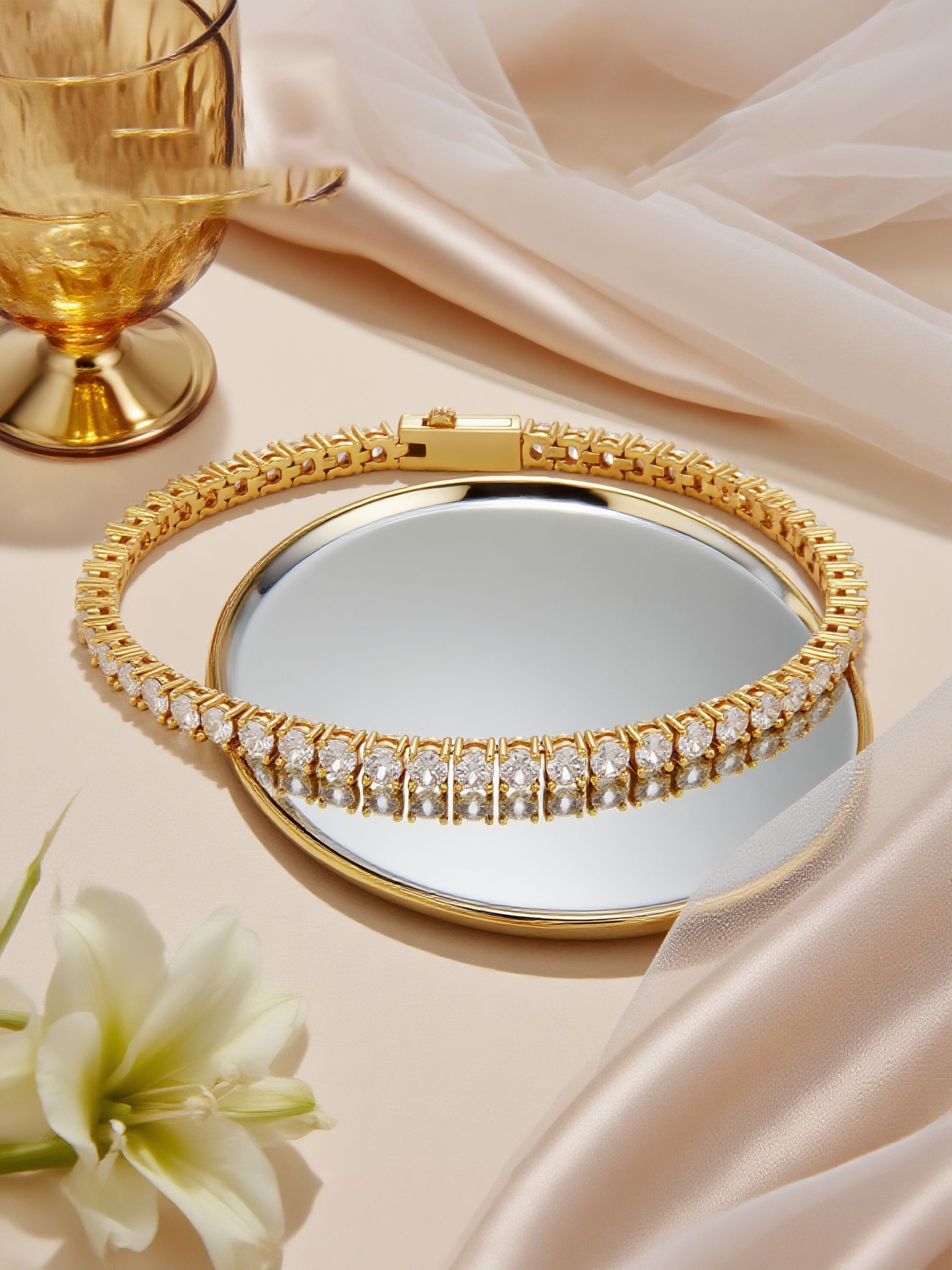 Own Your Bloom 4mm Diamond 14K Tennis Bracelet styled in warm sunlight scene; New York, Los Angeles, Chicago.