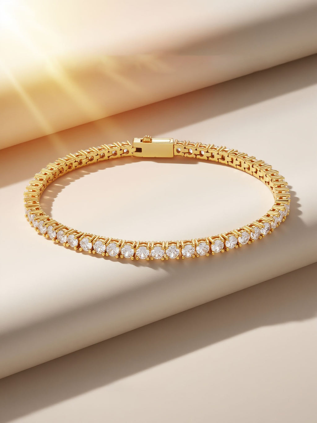 Refined lifestyle setup featuring Own Your Bloom 4mm Diamond 14K Tennis Bracelet on mirror; San Francisco, Seattle, Boston.