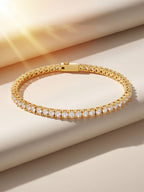 Refined lifestyle setup featuring Own Your Bloom 4mm Diamond 14K Tennis Bracelet on mirror; San Francisco, Seattle, Boston.