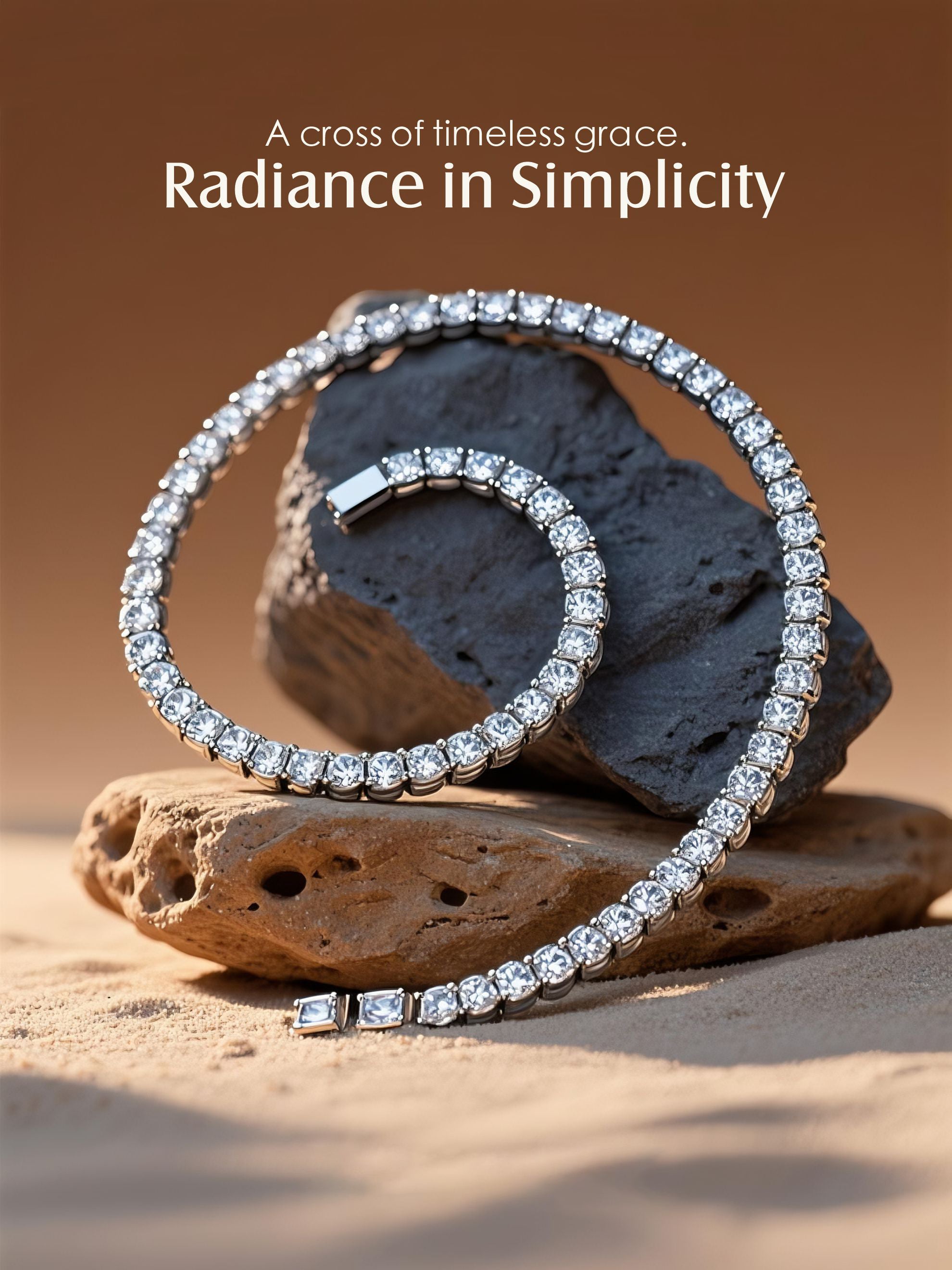 Own Your Bloom 4mm diamond tennis necklace styled on natural stone in warm desert tones, luxury jewelry photo, Miami.