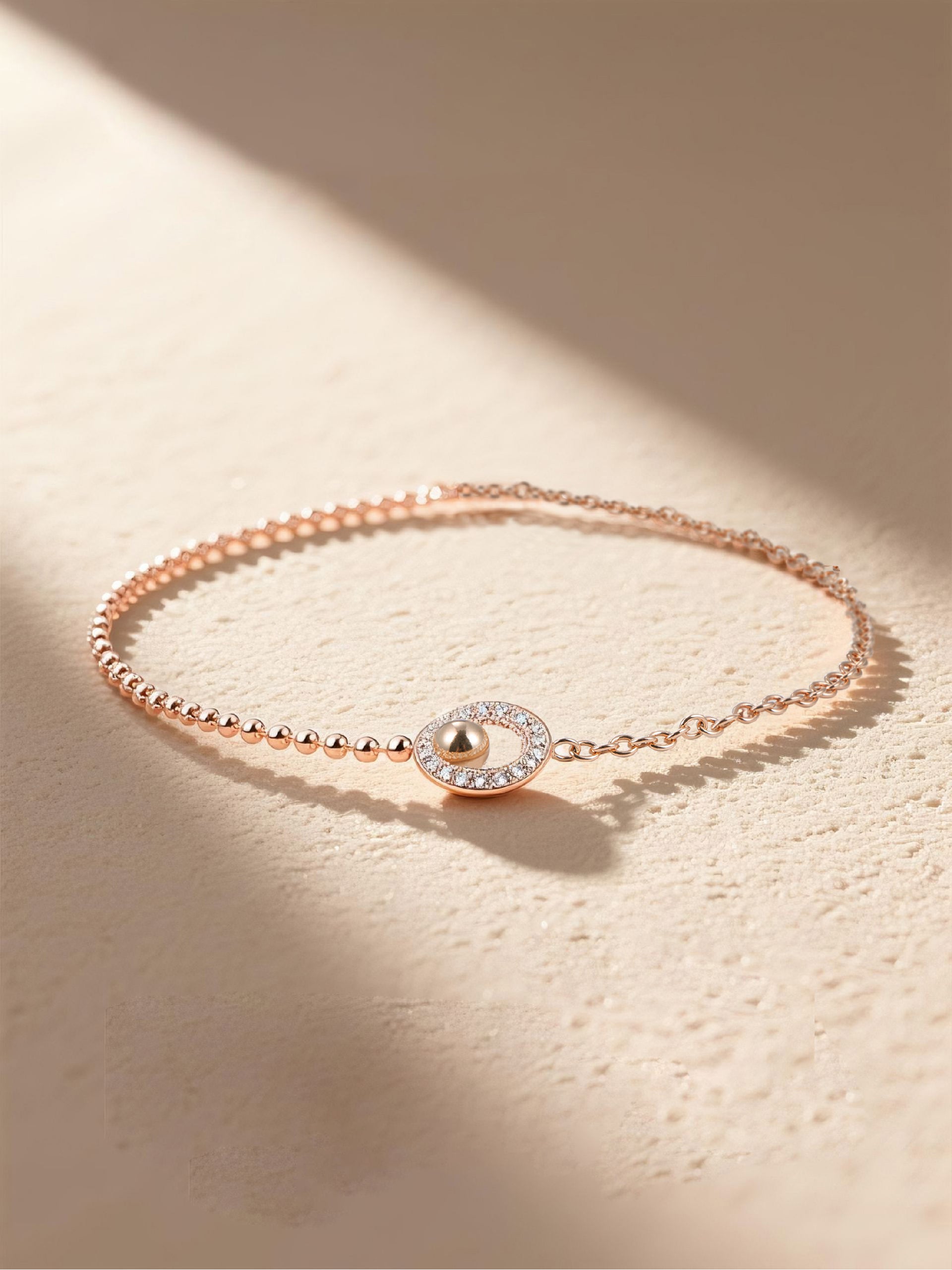 Own Your Bloom Rose Gold Bead Necklace displayed under soft natural light, highlighting modern minimal luxury design, Miami.