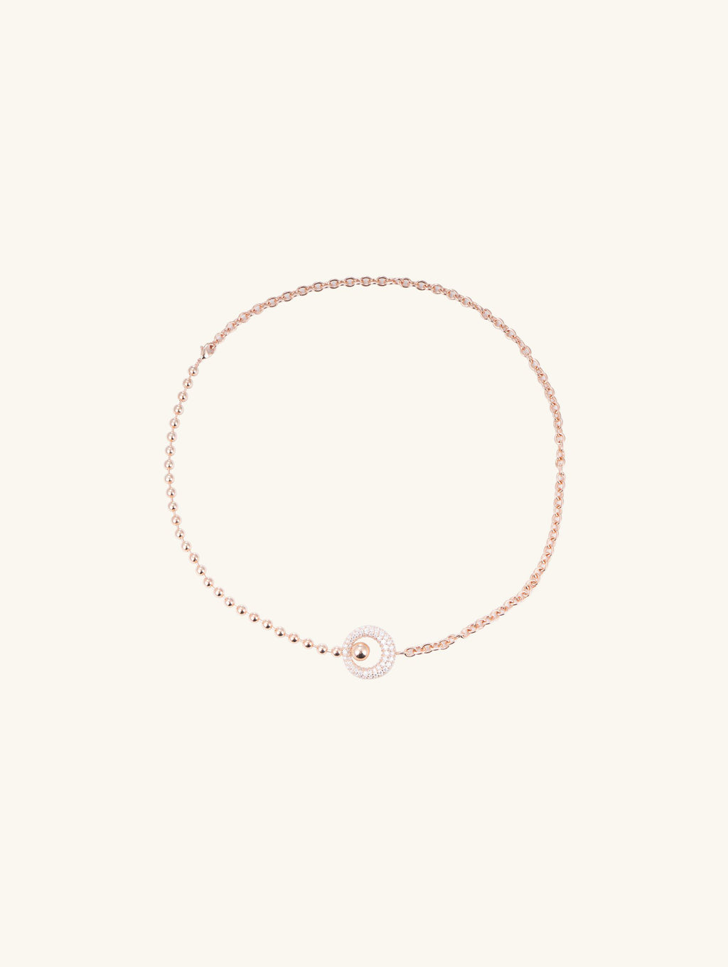 Own Your Bloom Active Pulse Rose Gold Bead Satellite Chain Necklace front view highlighting circular diamond pendant and elegant bead chain, New York.