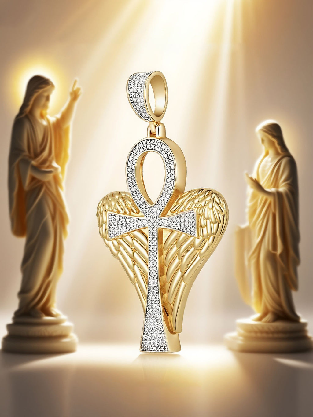 Own Your Bloom 14K diamond Egyptian Ankh pendant with halo sparkle, artistic altar scene, Seattle.