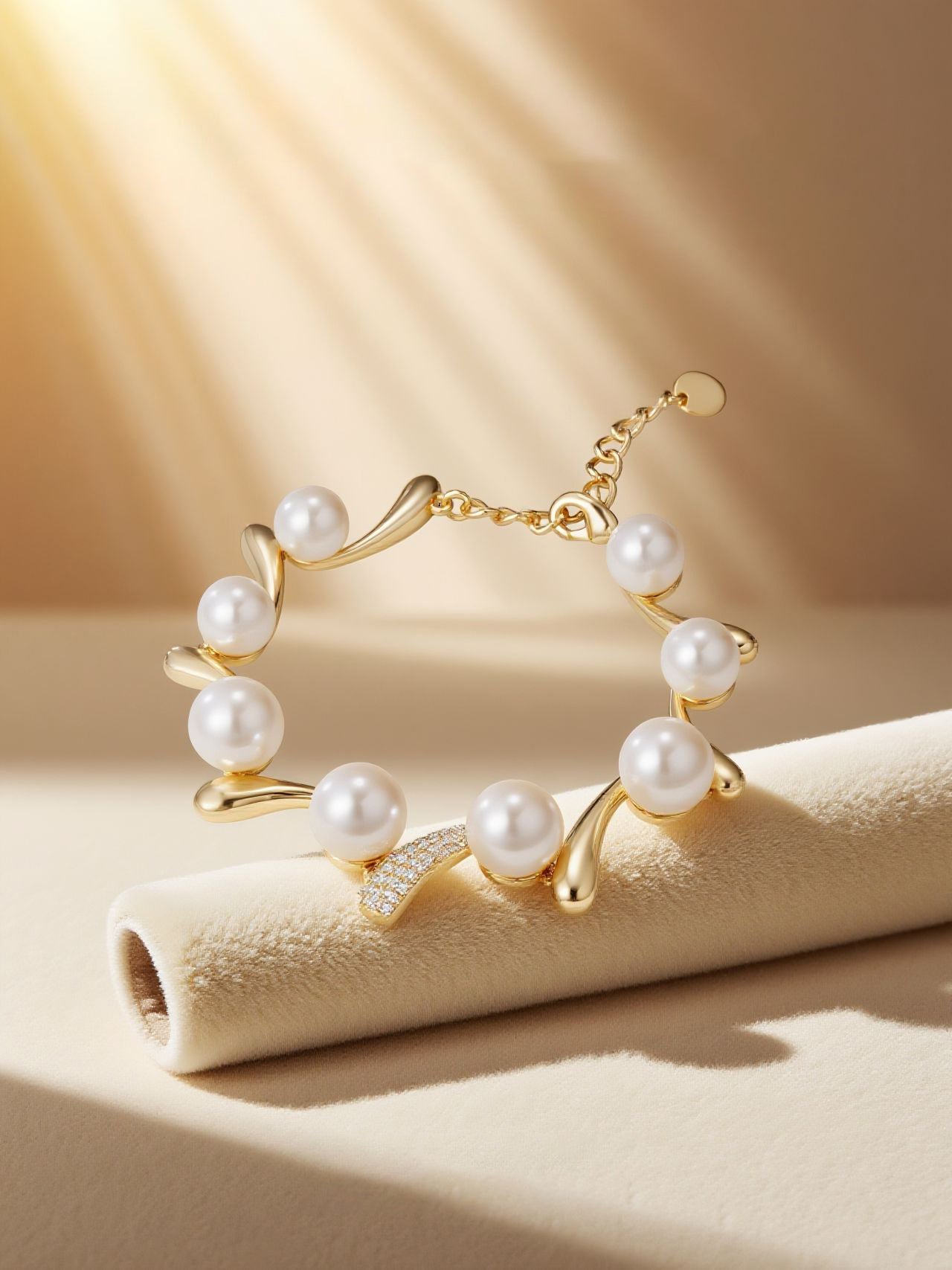 Own Your Bloom pearl and 14K diamond bracelet styled on soft beige set, ambient light, Los Angeles jewelry scene.