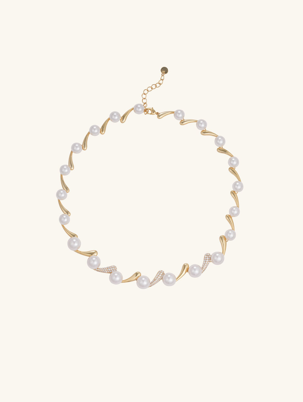 Own Your Bloom 14K gold necklace with Australian white shell pearls and diamond accents, detailed close-up view, Chicago.
