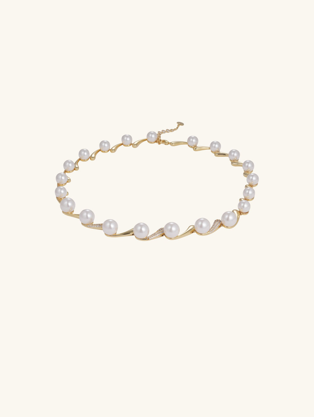 Own Your Bloom elegant Australian white shell pearl 14K diamond necklace flatlay product image, San Francisco.