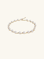 Own Your Bloom elegant Australian white shell pearl 14K diamond necklace flatlay product image, San Francisco.