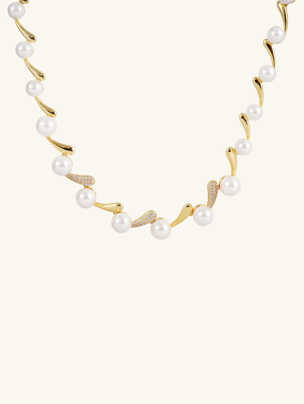 Own Your Bloom Australian white shell pearl 14K gold diamond necklace, front product shot on white background, New York.