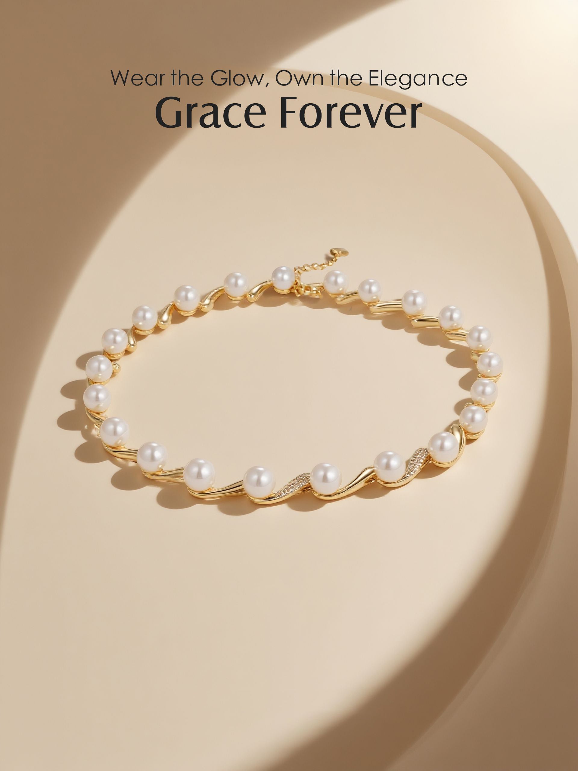 Own Your Bloom 14K gold diamond necklace with white shell pearls, soft light luxury jewelry setup, Los Angeles.