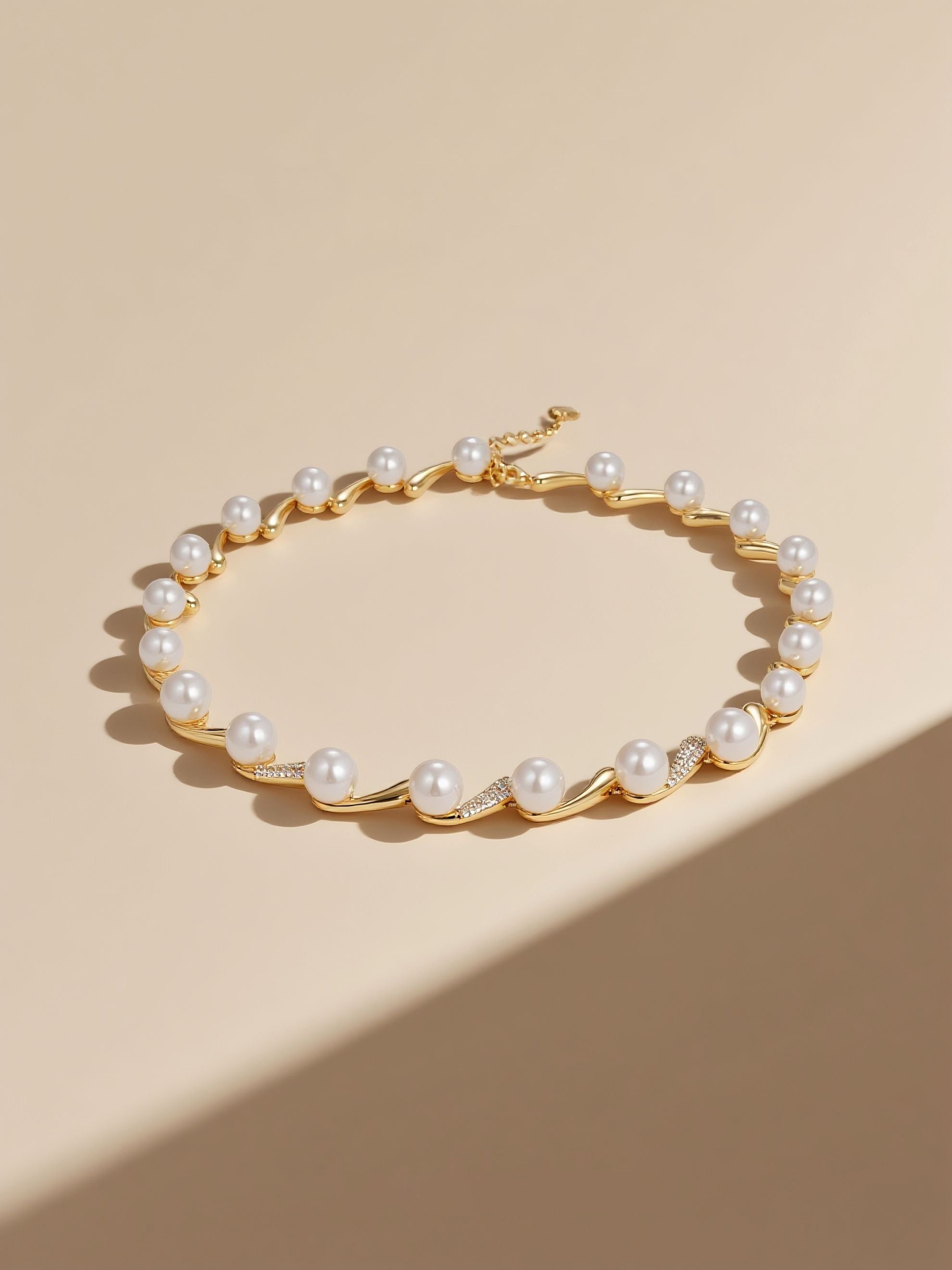 Own Your Bloom Australian white shell pearl 14K gold diamond necklace, minimalist luxury studio composition, Miami.