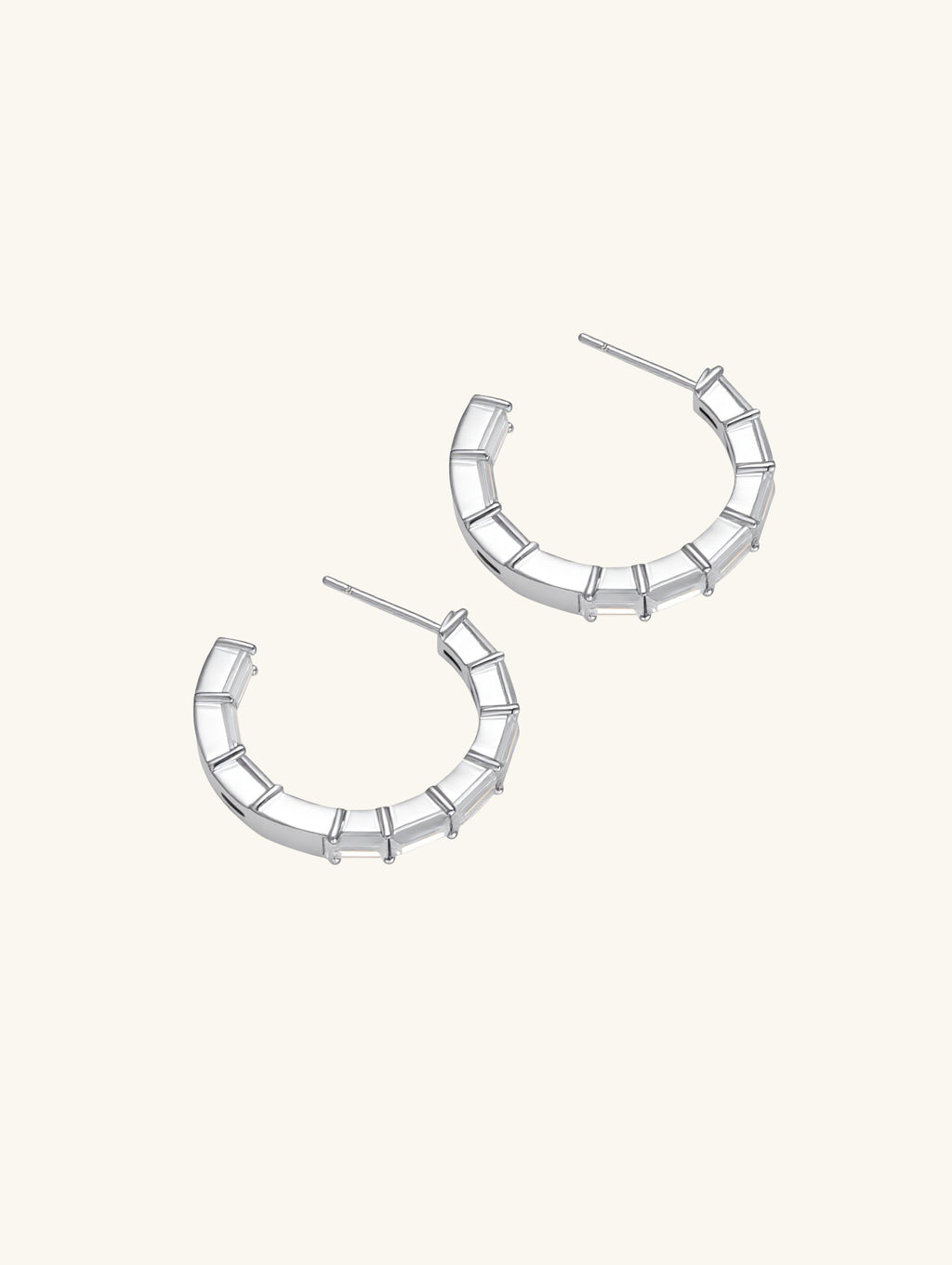 Own Your Bloom moissanite baguette hoop earrings close-up detail highlighting clean lines and high-polish white gold, Chicago.
