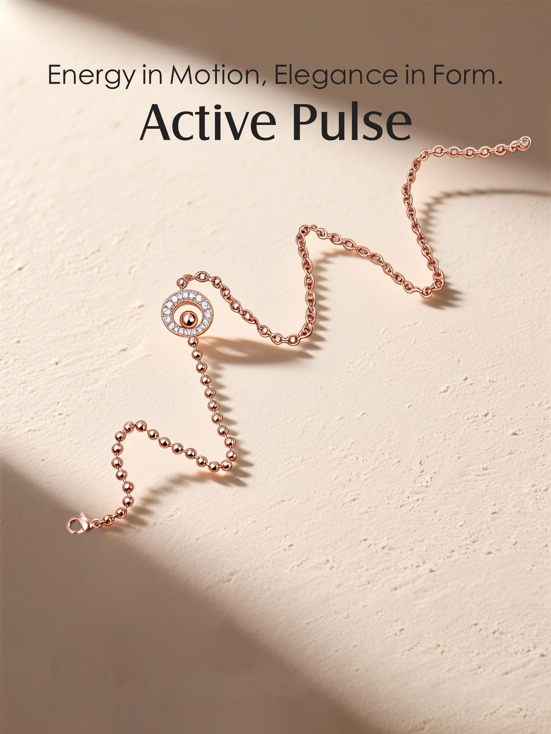 Own Your Bloom Active Pulse Rose Gold Necklace flatlay on beige surface, symbolizing energy and elegance in motion, Dallas.