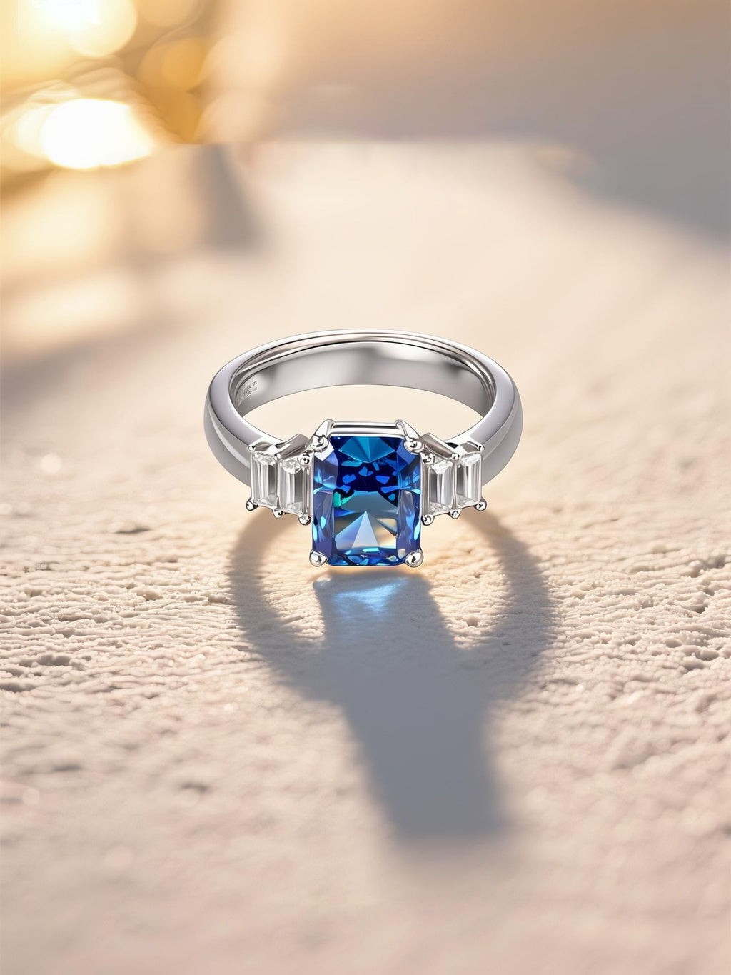 Own Your Bloom Emerald Cut Sapphire Ring captured in elegant studio setting, showcasing brilliance and timeless style, Dallas.