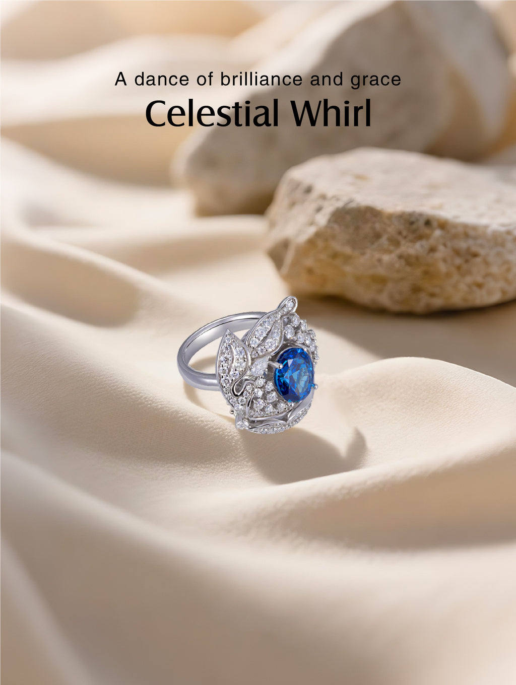 Own Your Bloom Blue Sapphire Diamond Halo Ring displayed on soft beige fabric with natural stone accents, elegant sophistication, Miami.