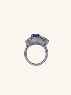 Own Your Bloom Blue Sapphire Diamond Halo Ring top view with detailed pavé diamonds surrounding the vivid sapphire gemstone, Chicago.