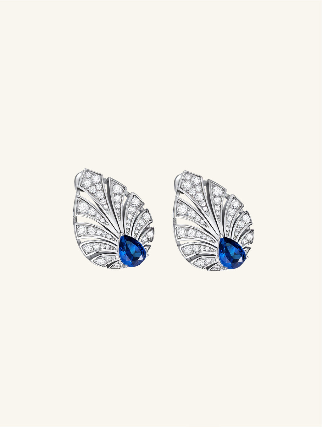 Own Your Bloom Brilliant Gleam sapphire earrings top view highlighting Art Deco-inspired symmetry and white gold brilliance, Chicago.