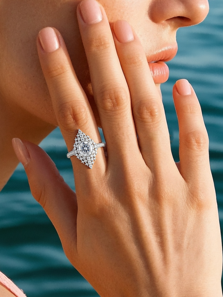 Side profile of Own Your Bloom cluster halo statement ring worn on hand, round center with pavé cluster.