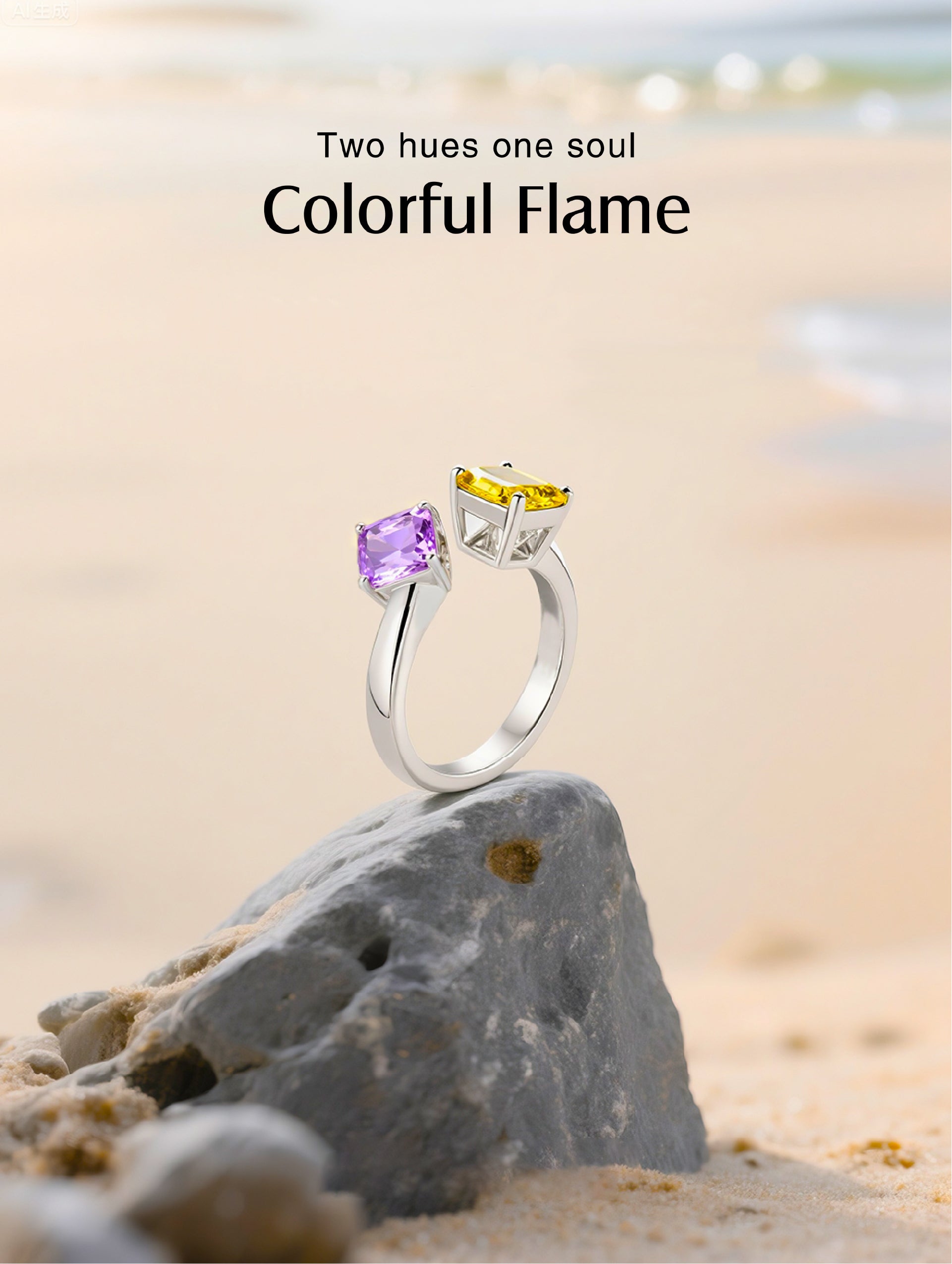 Own Your Bloom Colorful Gemstone Ring displayed on seaside stone, symbolizing dual-tone harmony of amethyst and citrine, Miami.
