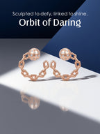 Own Your Bloom Rose Gold Crystal Chain Hoop Earrings presented on navy and white background, modern minimal luxury, Dallas.