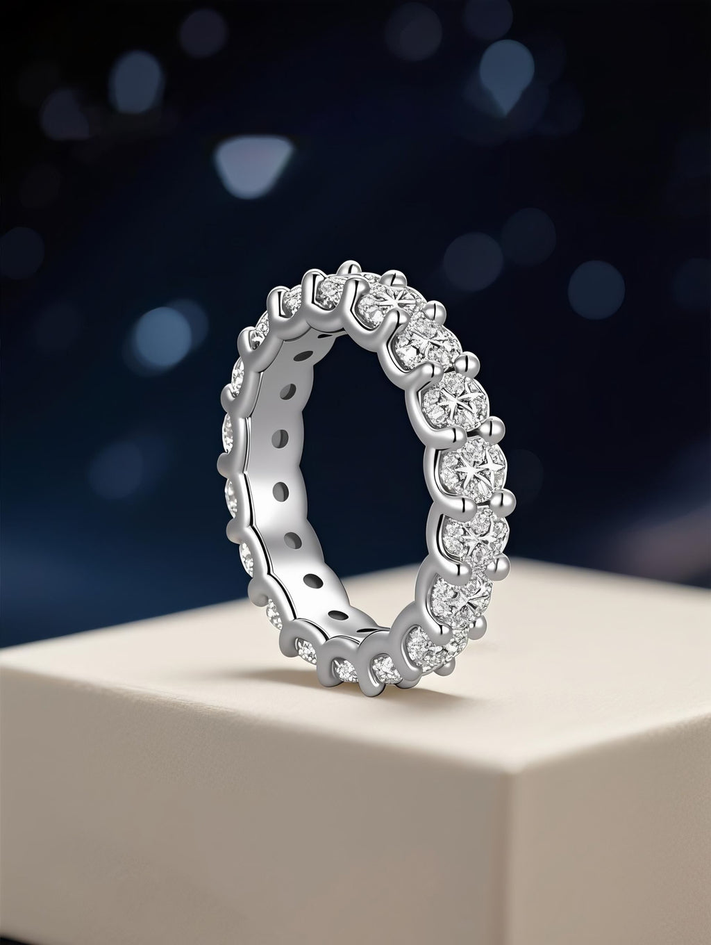 Own Your Bloom Full Eternity Diamond Ring displayed under soft light, showcasing timeless beauty and brilliance, Miami.