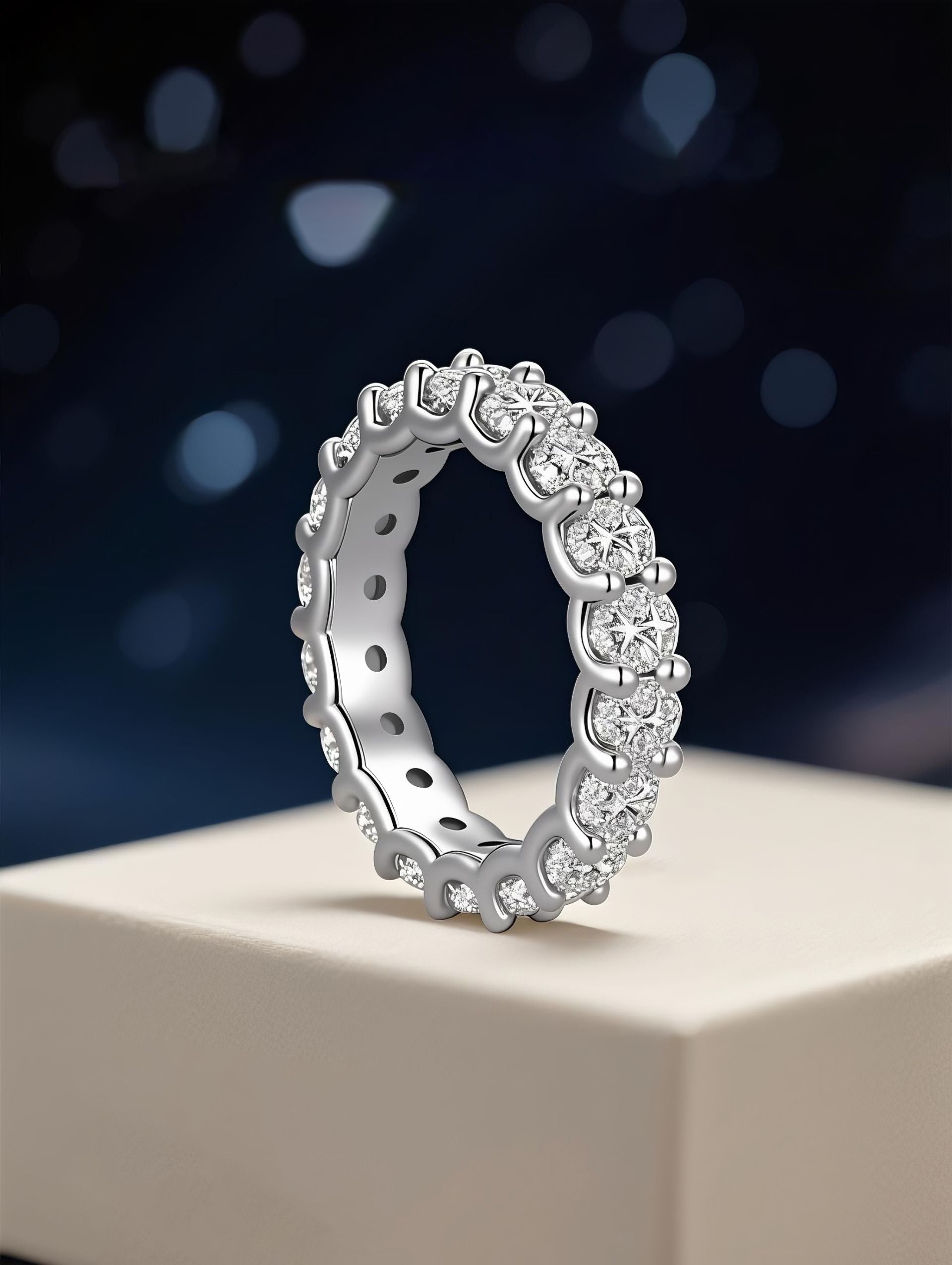 Own Your Bloom Full Eternity Diamond Ring displayed under soft light, showcasing timeless beauty and brilliance, Miami.